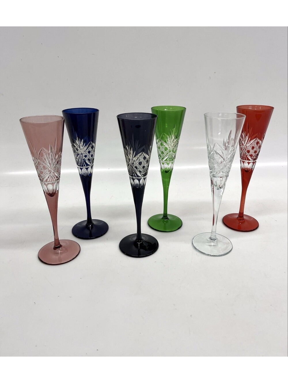 Set of 6 Multi-Colored Etched Glass Champagne Flutes